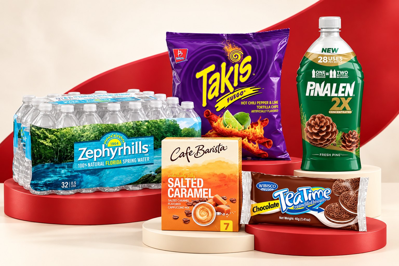 Water, snacks, coffee and household essentials from Wholesale Express